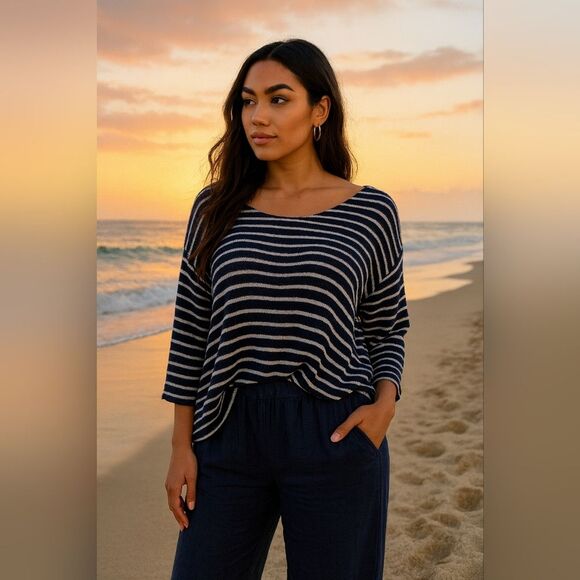 Striped Navy White Scoop Neck High Low Blouse L 3/4 Knit Coastal Beachy Nautica - Picture 1 of 7